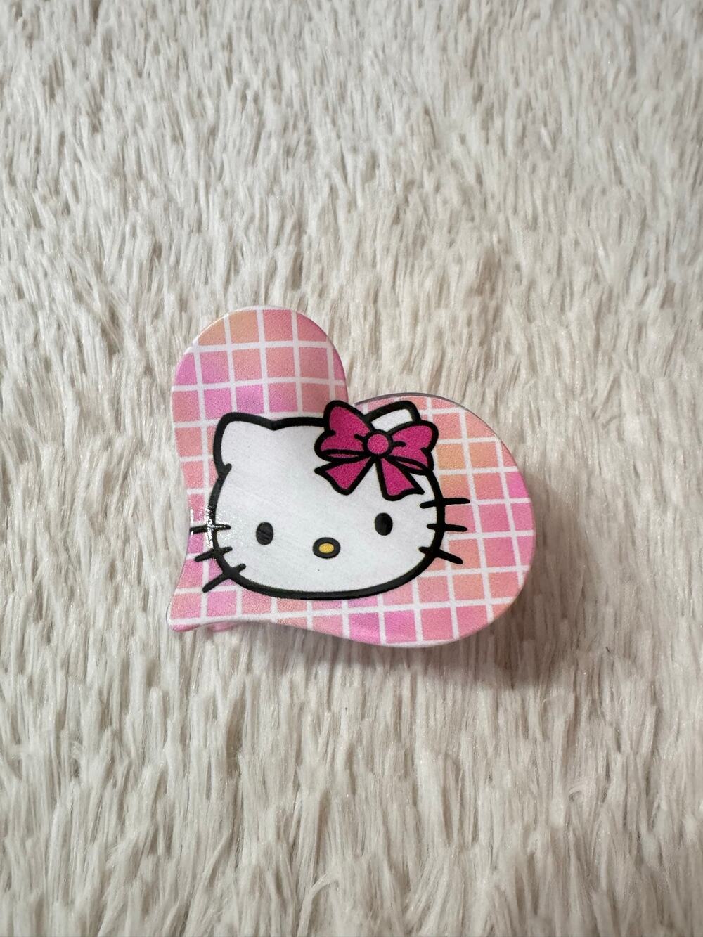 Sanrio Hello Kitty heart shaped pink and white plaid hair claw clip